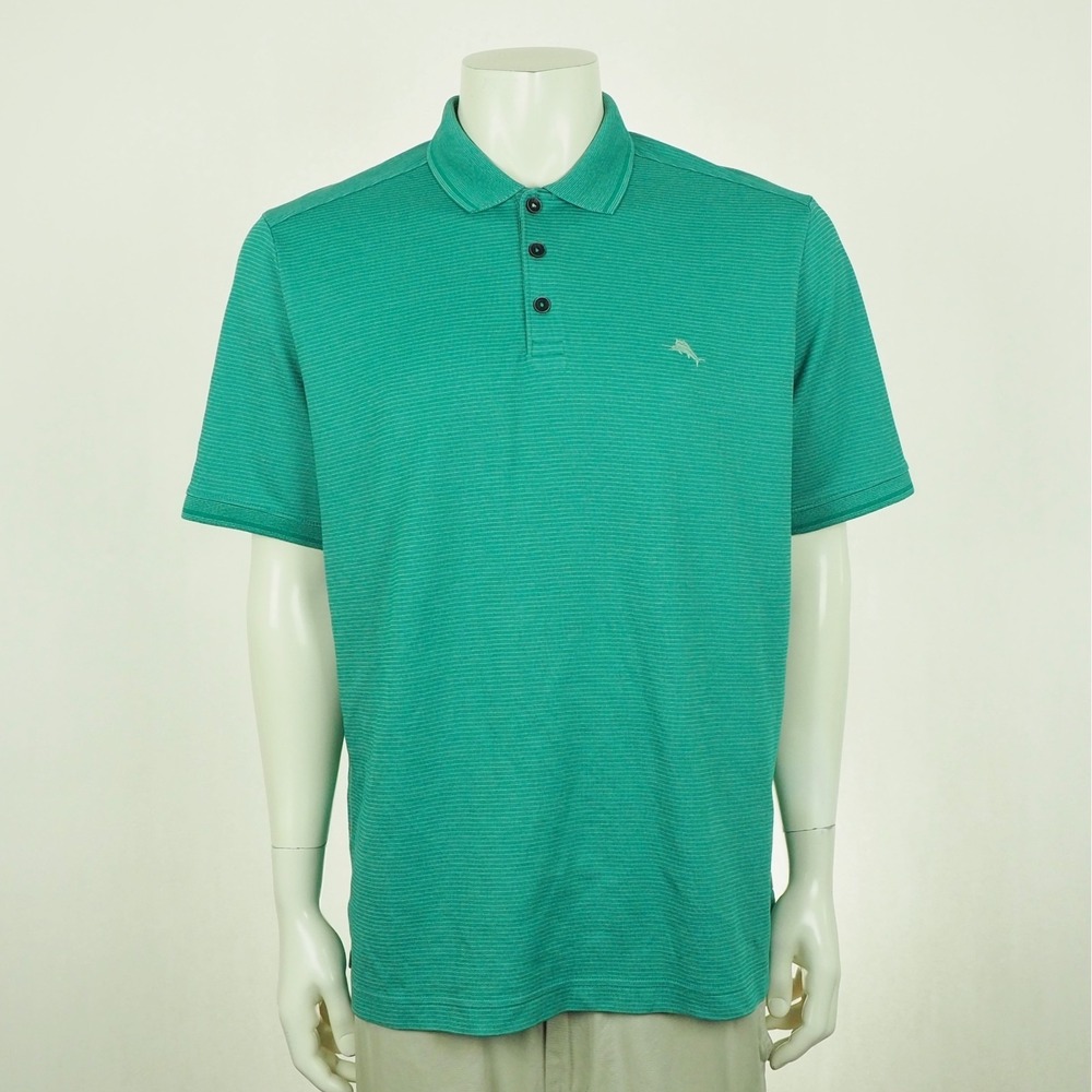 Tommy Bahama Polo Shirt Mens XL Teal Green Striped Supima Cotton Blend Travel
